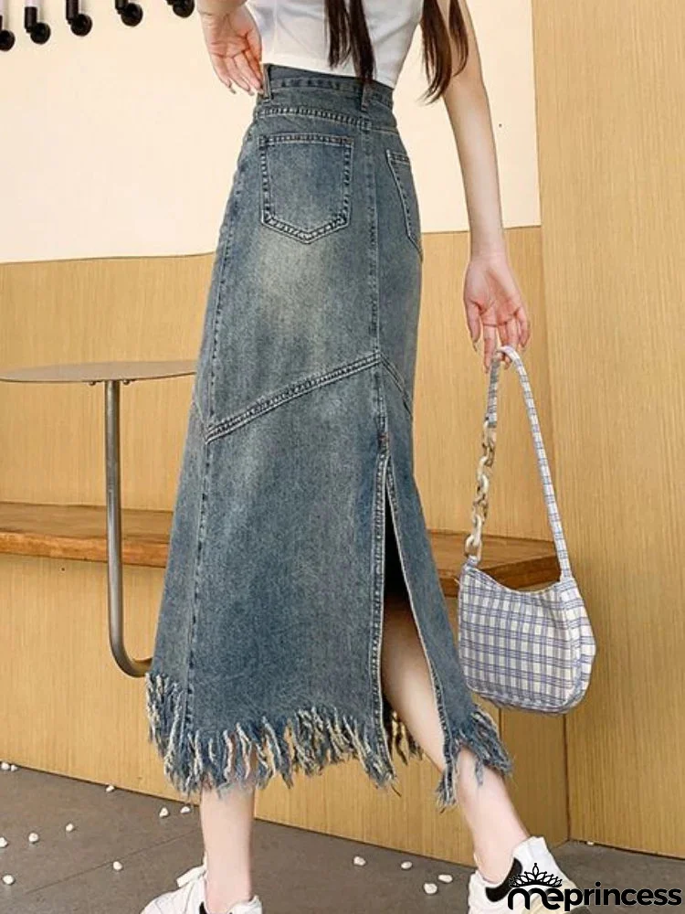 Women's Polyester High Waist Solid Pattern Casual Denim Skirts