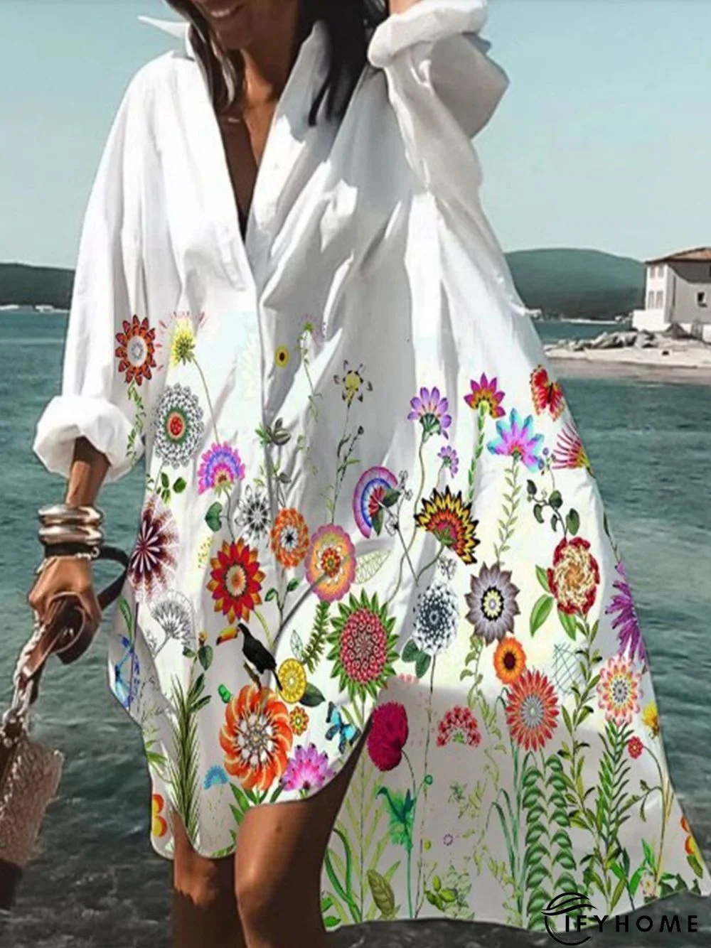 Floral Printed Shawl Collar Holiday Long Sleeve Casual Weaving Dress | IFYHOME