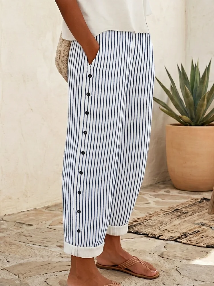 Casual & Cozy Striped Cotton-linen Pants With Side Buttons
