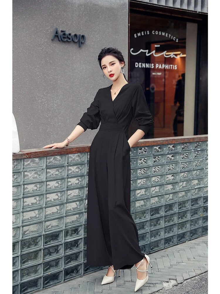 Graduation gift Elegant Woman's Solid V-Neck Playsuit Ladies Green Overalls Combinations Jumpsuit Casual Straight Romper Autumn Female Outfit