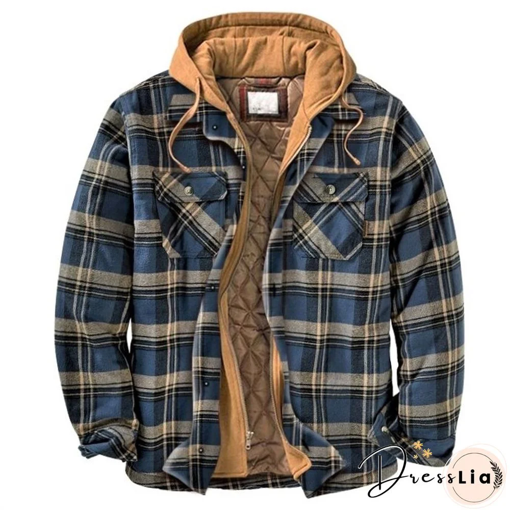 Men's Outdoor Quilted Plaid Fake Two-Piece Hooded Jacket