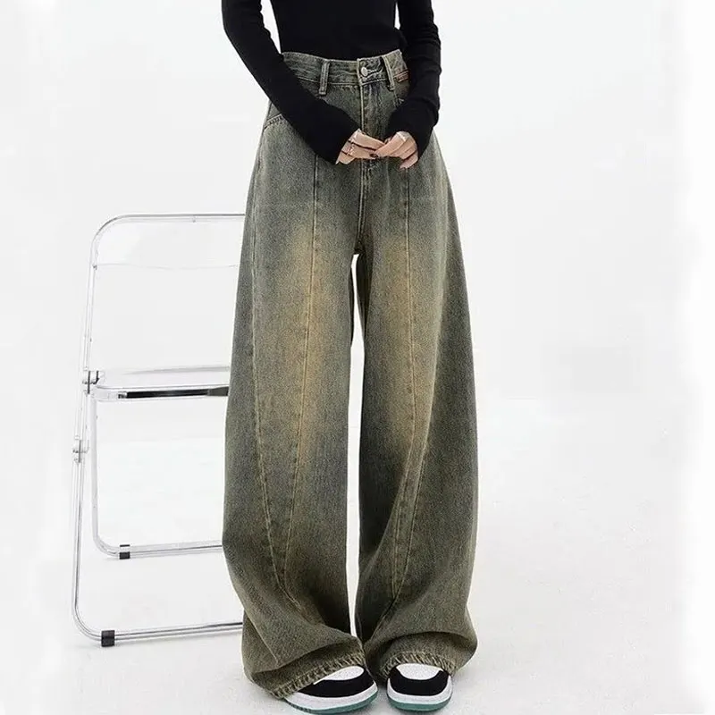 Denim Destroyed Boyfriend Jeans Vintage Wash Wide Leg Denim Pants