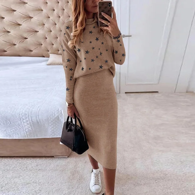 Women Skirt 2 Pieces Set Autumn Winter Casual Turtleneck Long Sleeve Loose Print Pullovers Slim Pencil Skirts Office Lady Suits