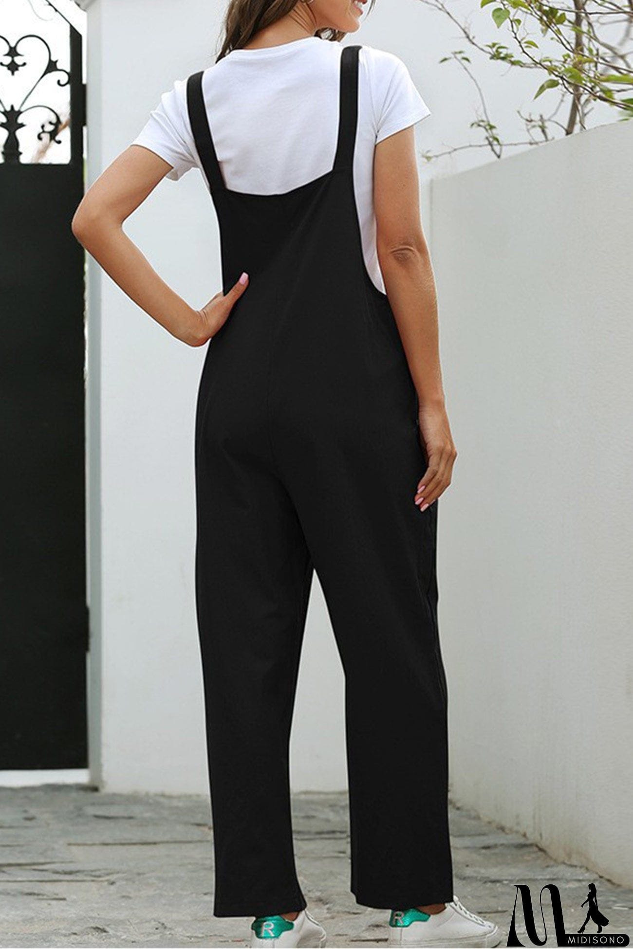 MidiSono - Solid Color Sleeveless Long Pants Jumpsuits