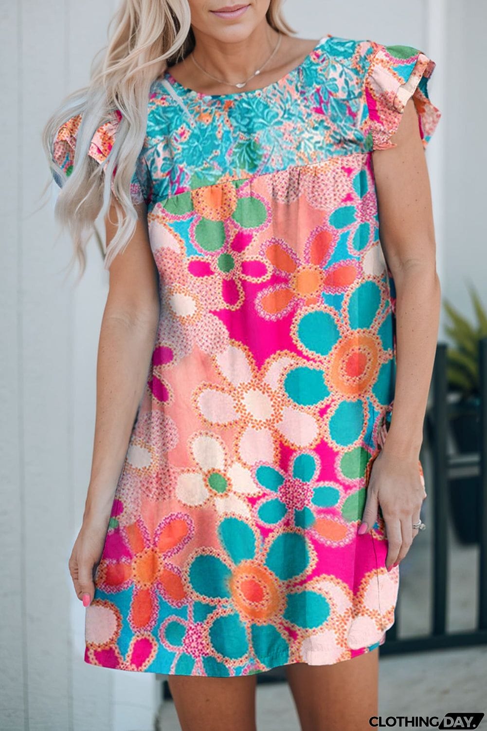 Floral Round Neck Flutter Sleeve Dress