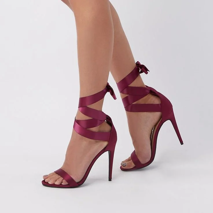 Maroon Open Toe Stiletto Heels Strappy Sandals |FSJ Shoes