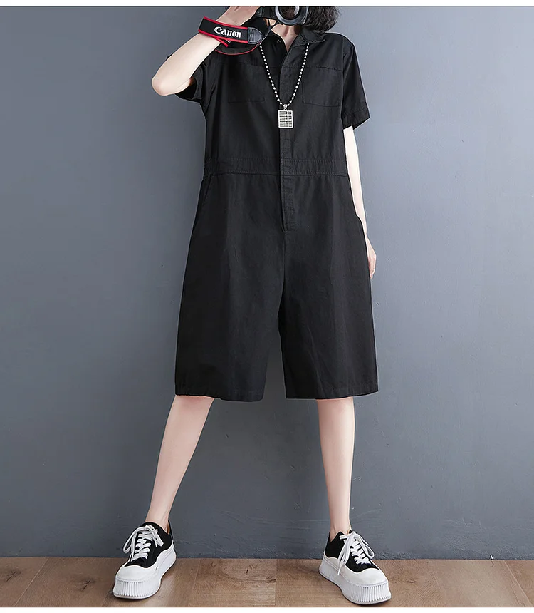 Simple Solid Color Short-Sleeved Five-Point Jumpsuit - yankia