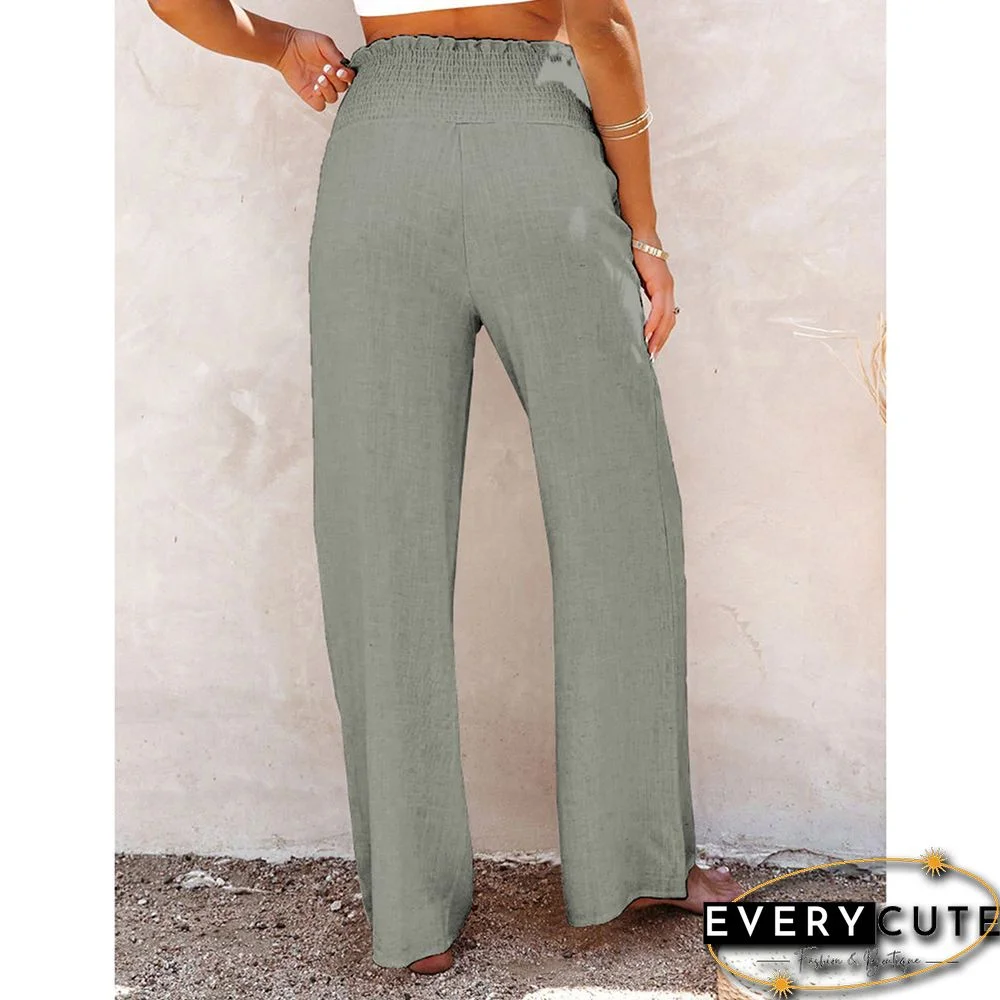 Greyish Green Elastic Waist Wide Leg Casual Pants