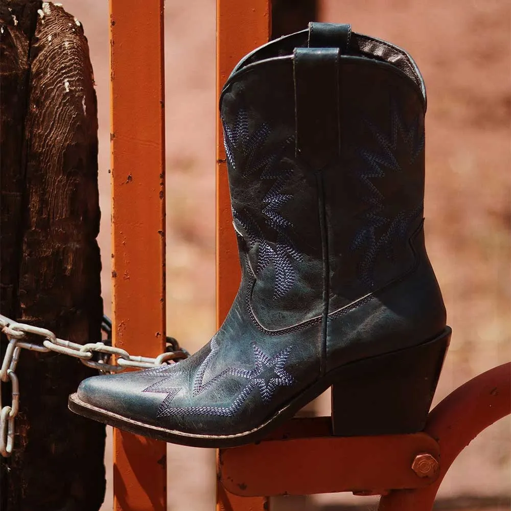 Navy Faux Leather Pointed Toe Chunky Heel Embroidered Cowgirl Boots 