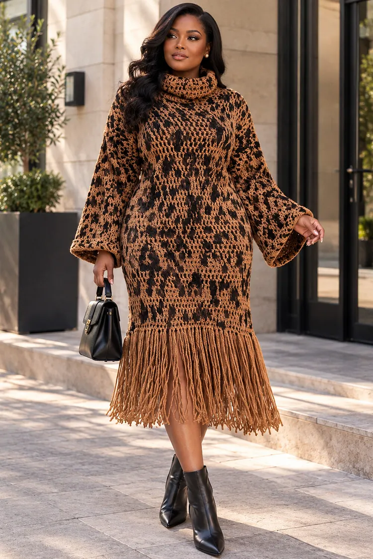 Xpluswear Design Plus Size Daily Brown Leopard High Collar Flare Long Sleeve Strappy Rib Knit Midi Dresses [Pre-Order] 2024 - Xpluswear