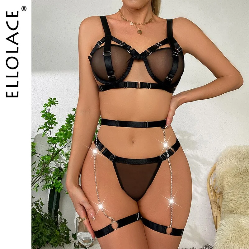 Billionm Erotic Lingerie With Stockings 3-Pieces Fancy Transparent Underwear Set Glow In The Dark Seamless Intimate With Chain