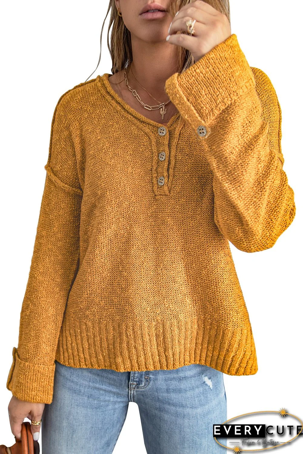 Yellow Buttoned Knitted Drop Shoulder Sweater