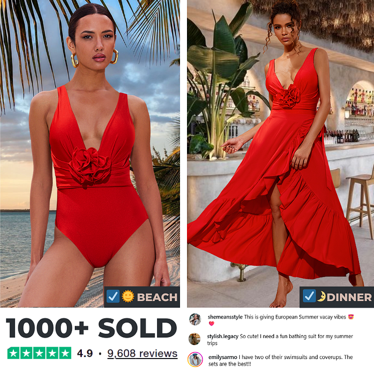Detachable 3D Flower Red One Piece Swimsuit and Skirt
