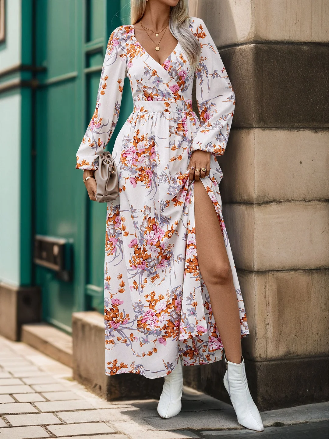 Women's Long Sleeve V-neck Floral Printed Slit Midi Dress