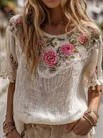 Women's Bohemian Embroidered Rose Comfort Cotton And Linen Crew Neck Short Sleeve