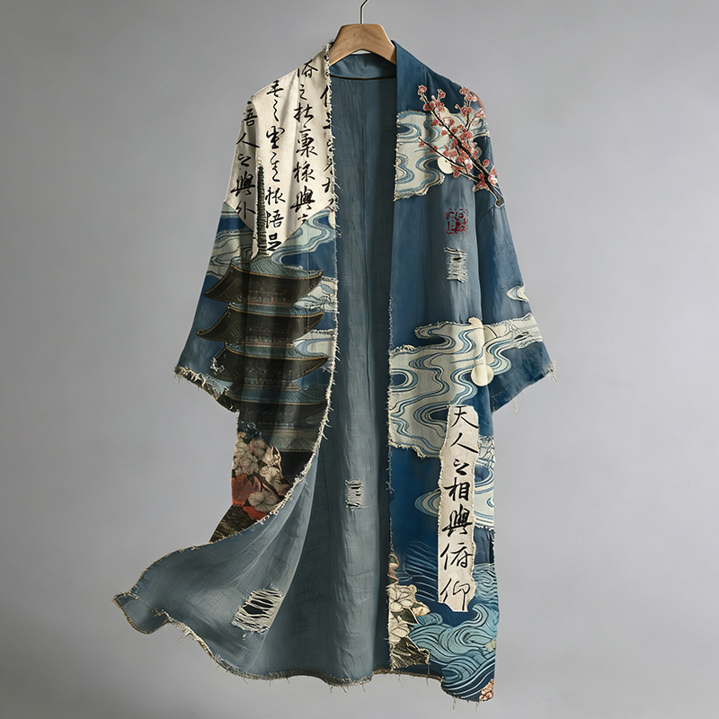 Retro Japanese Art Of Calligraphy Collage Pattern Casual Linen Blend Kimono  artssus