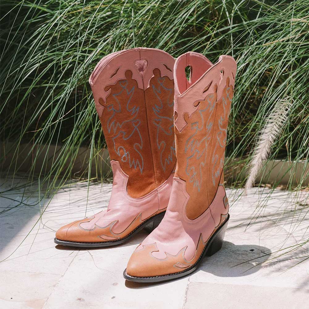 Pink & Brown Embroidered Mid Calf Block Heel Snip Toe Cowgirl Boots Nicepairs