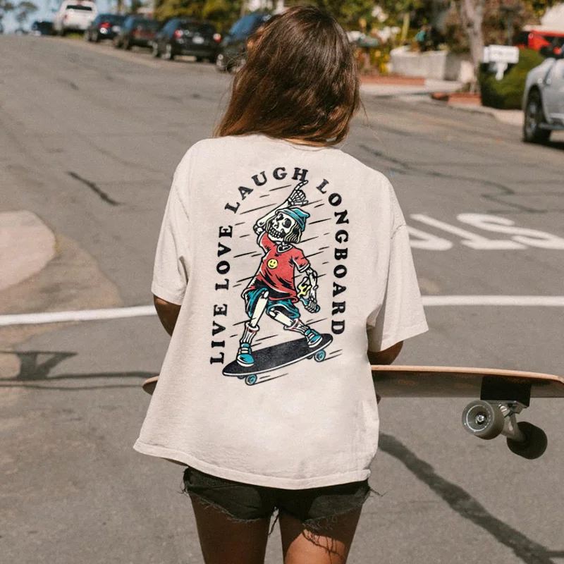 LIVE LOVE LAUGH LONGBOARD printed T-shirt designer - Krazyskull