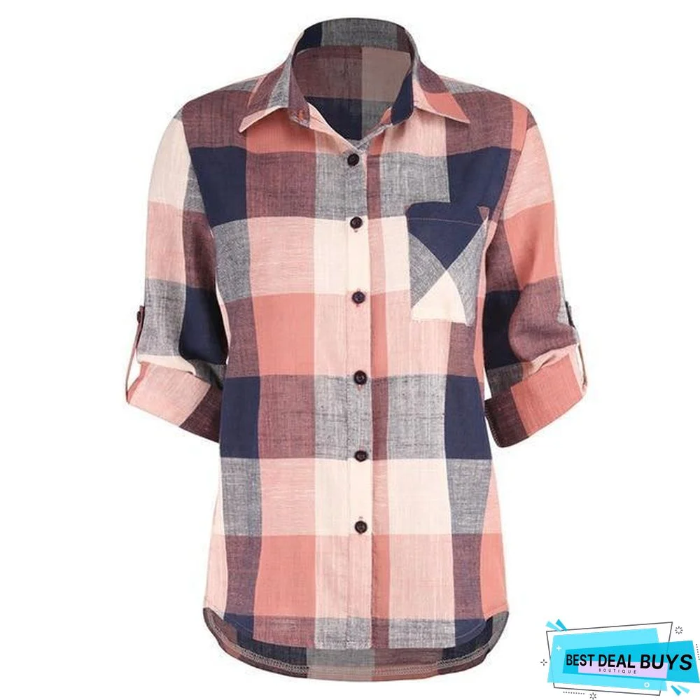 Fashion Women Casual Matching Color Long Sleeve Button Loose Plaid Shirt Top Blouse