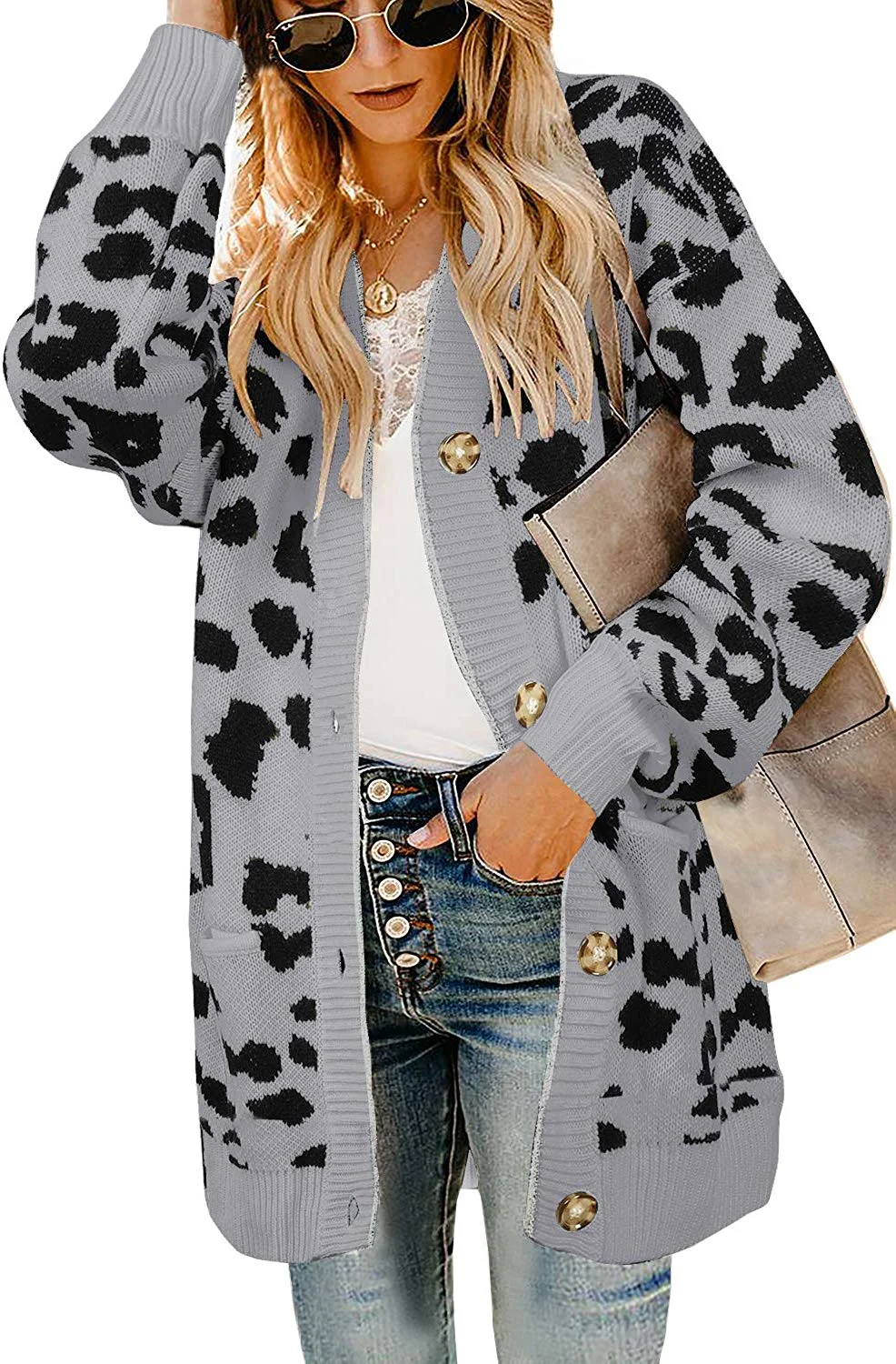 Womens Leopard Long Cardigans Sweater Oversized Chunky Button Down Open Front Loose Knitted Jumper with Pockets