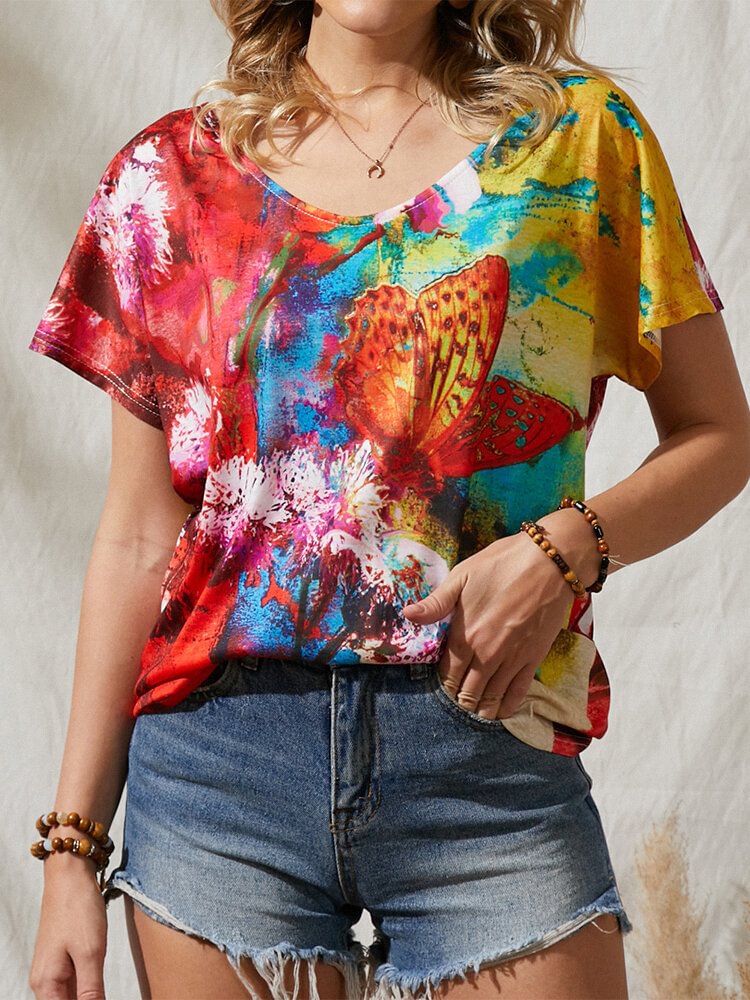 Women Contrast Color Butterfly Flower Print V neck Short Sleeve T Shirt P1844802