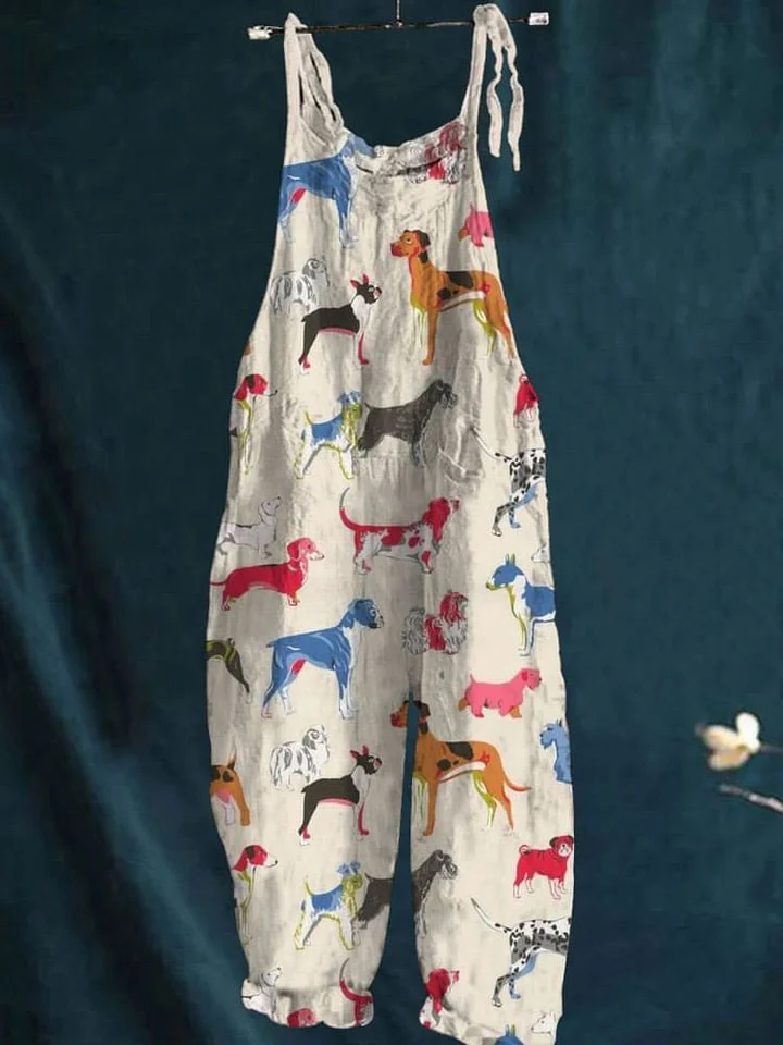 Women's Vintage Lovely Dogs Art Print Casual 100% Cotton Wide Leg Jumpsuit