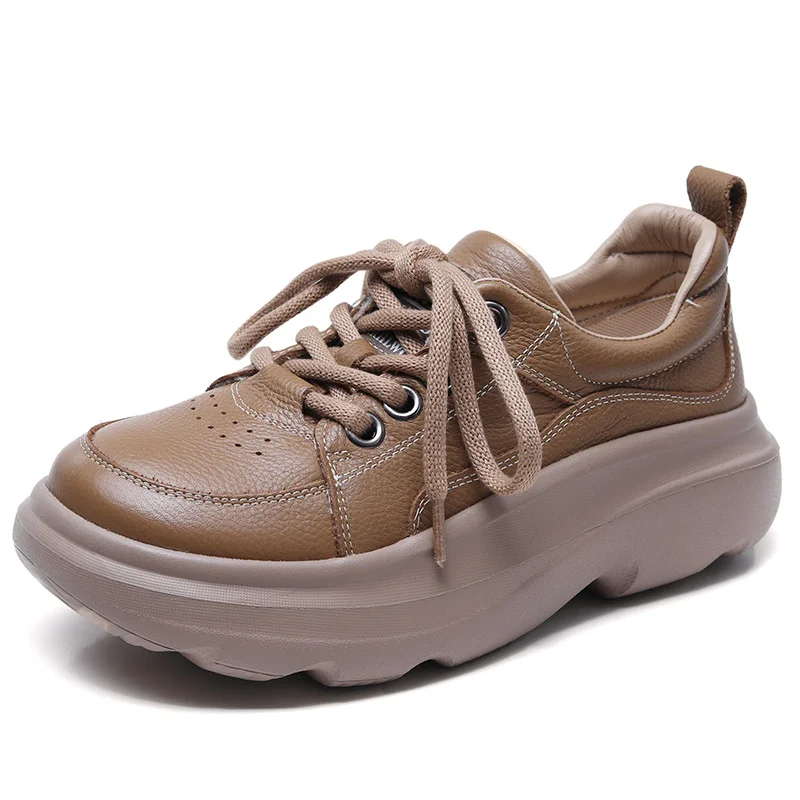 Yyvonne Layer Cowhed Thick Sole Casual Single Shoe Women 2025 Spring New Soft Bottom Round Head Tie Comfortable Women Shoes