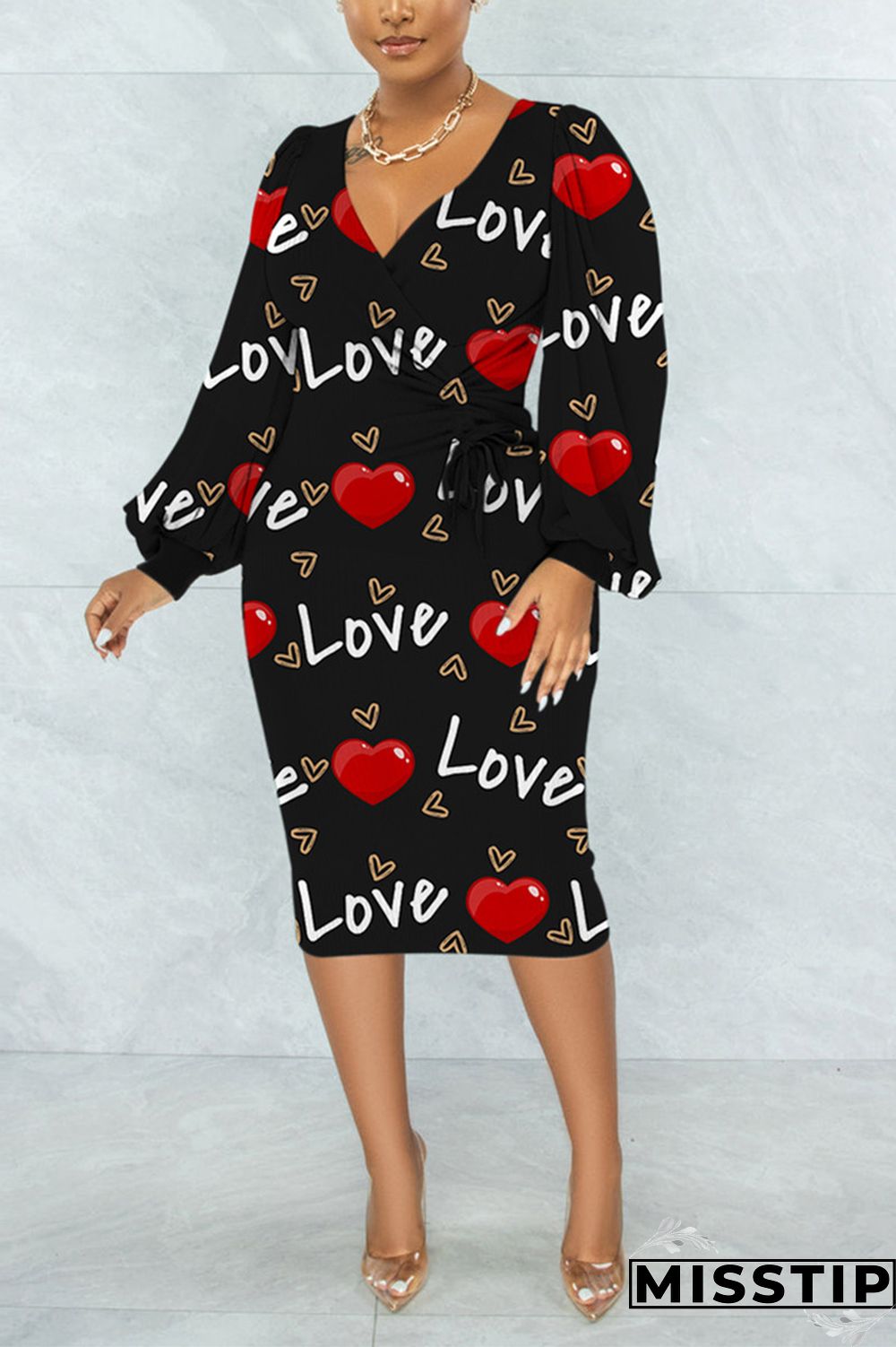 Black Casual Daily Print Fold V Neck Printed Dress Dresses