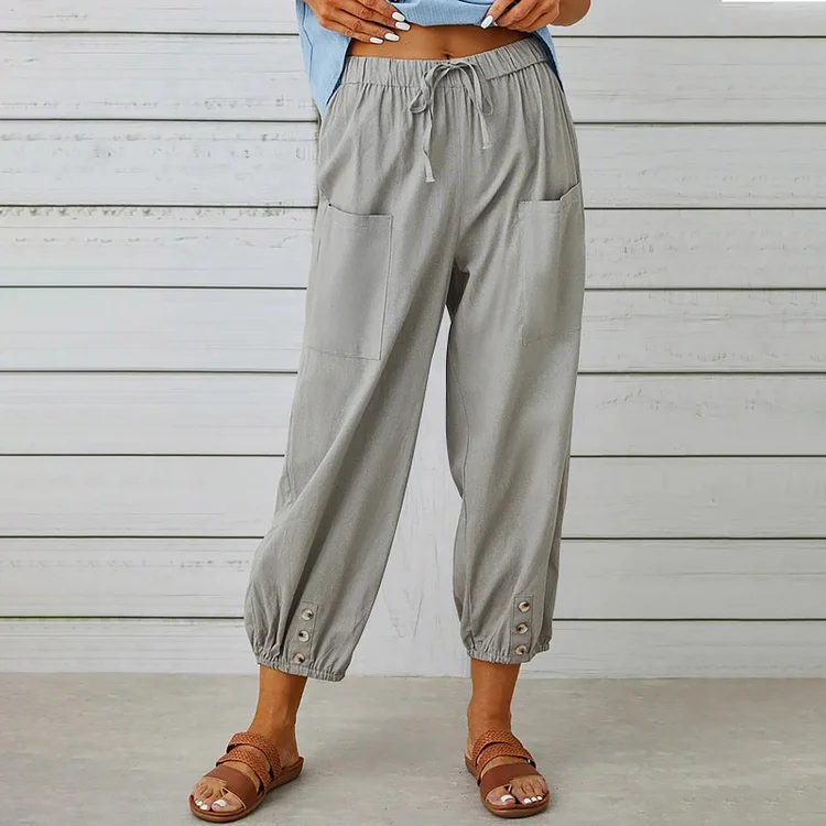 Plus Size 2023 New Loose High Waist Button Cotton Linen Cropped Wide-Leg Pants Women VangoghDress