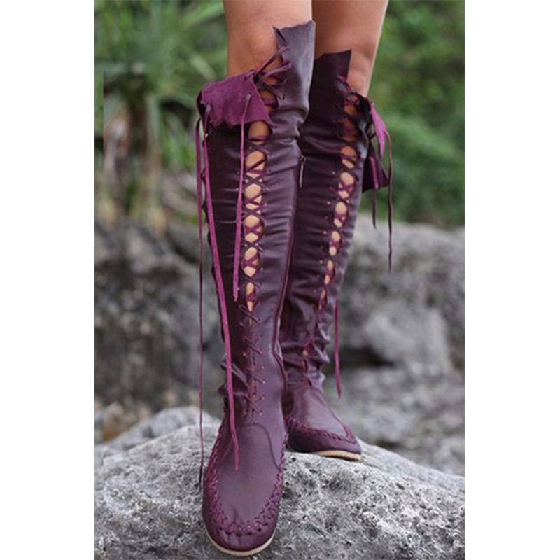 Women retro ethnic front lace tassels knee high boots