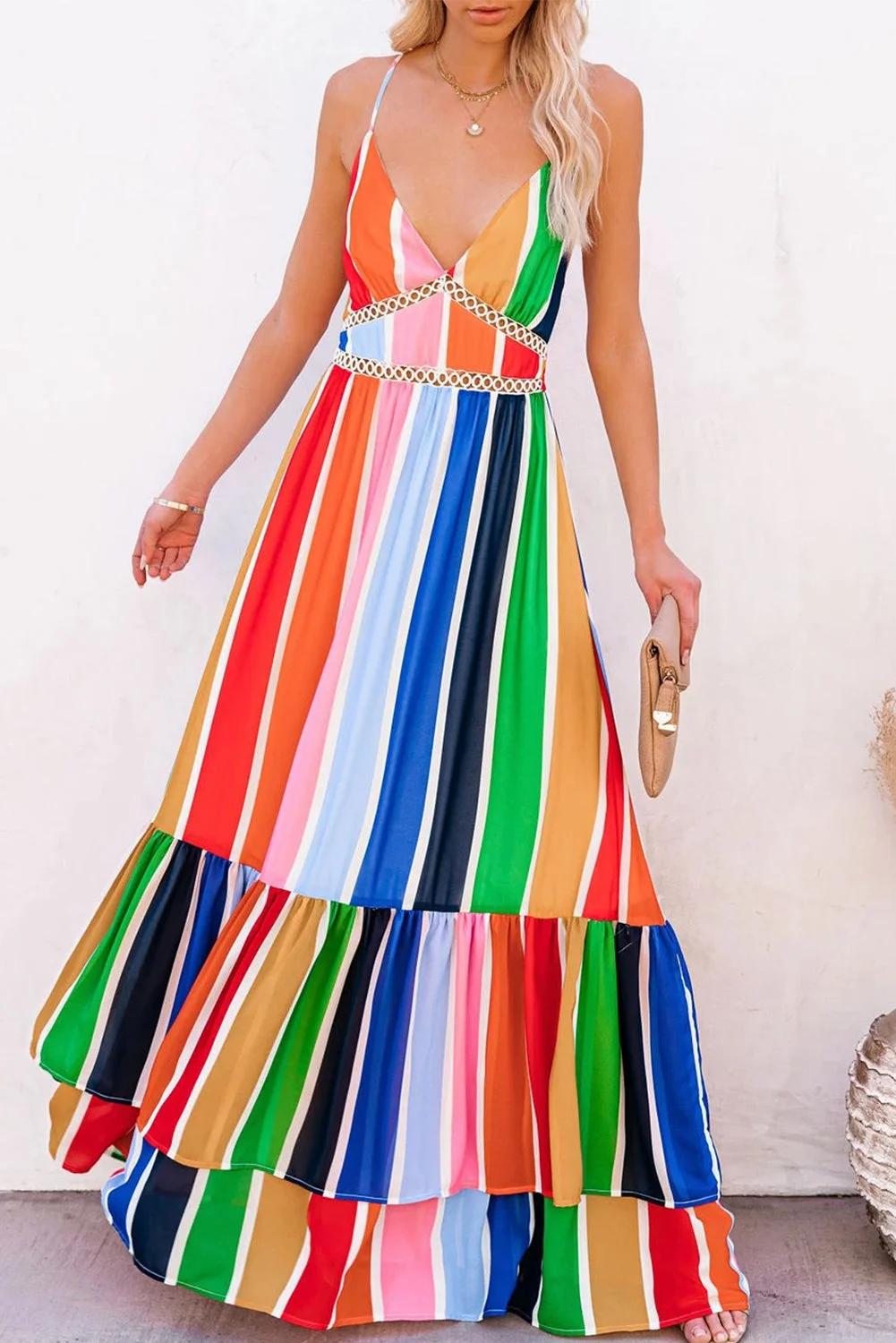 Buzzdaisy Crochet Insert Multicolor Striped Maxi Dress