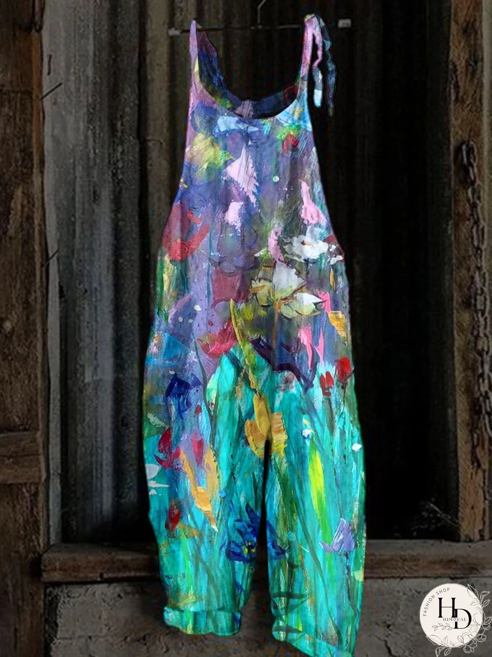 Women's Cotton Linen Sleeveless U-neck Colorful Floral Printed Overalls Jumpsuit