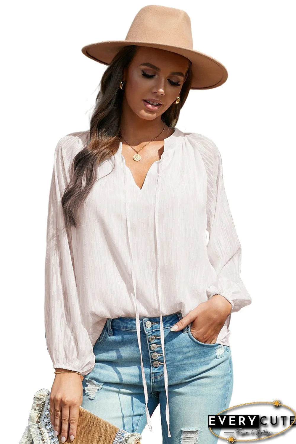 Beige V Neck Lantern Sleeve Textured Solid Top