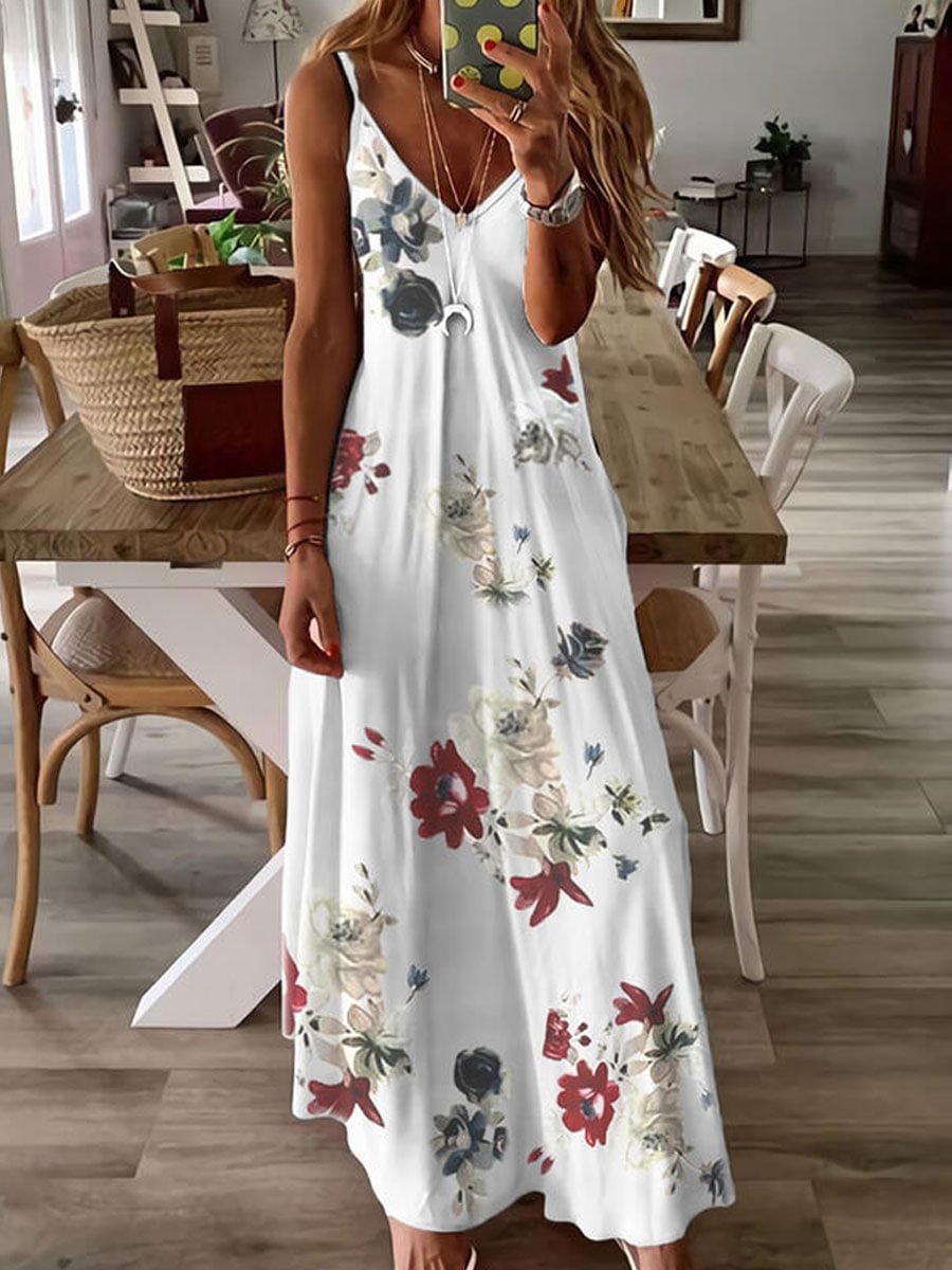 V-neck Floral Print Loose Maxi Dress