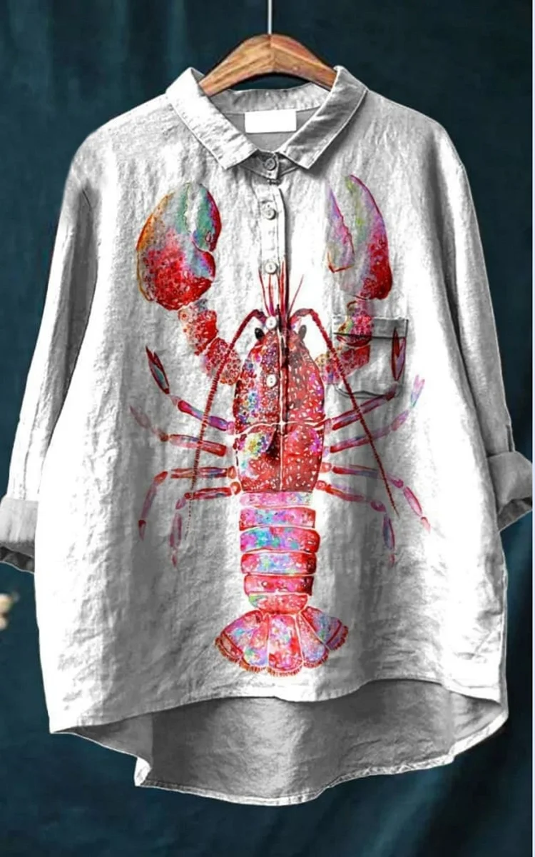 Vintage Lovely Lobster Pattern Art Print Casual Cotton And Linen Shirt