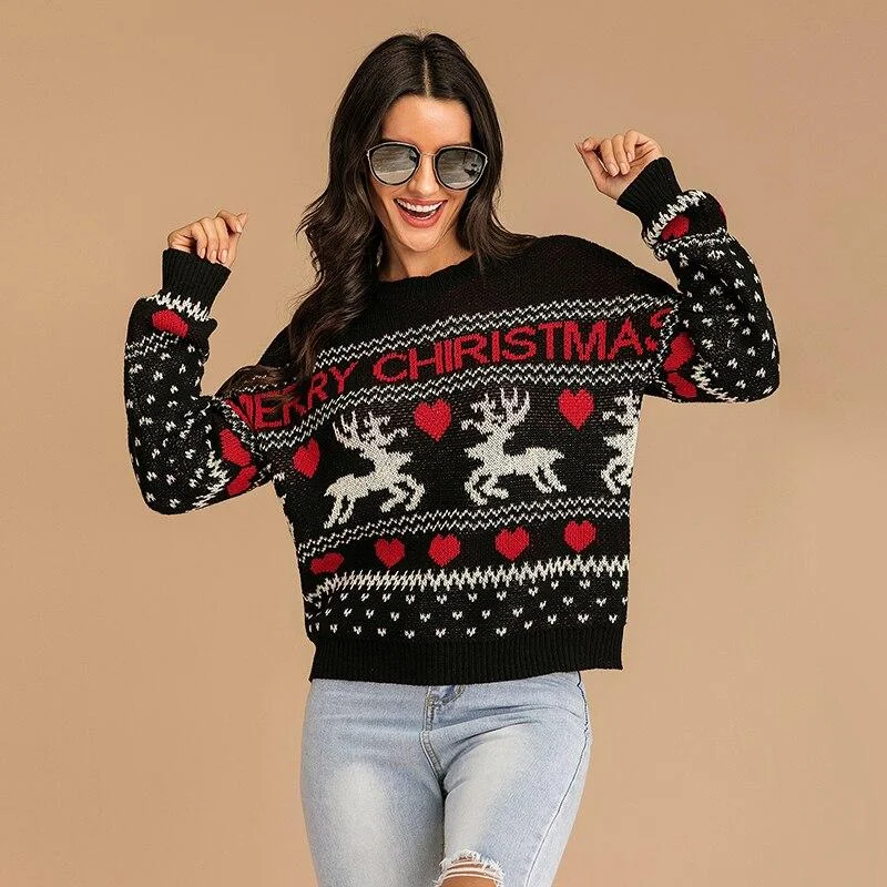 Women Christmas Fawn Loose Sweater Casual o-Neck Pullover Oversize Warm Sweater Top  Autumn Winter New Year Knitted Sweaters