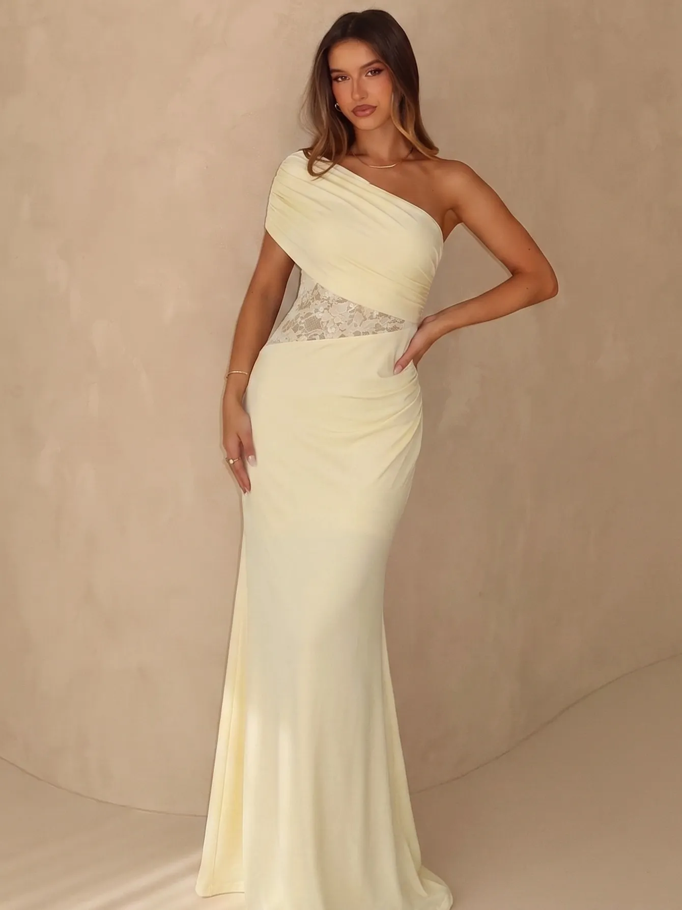 Solid One Shoulder Ruched Lace Panel High Waist Mermaid Maxi Dress