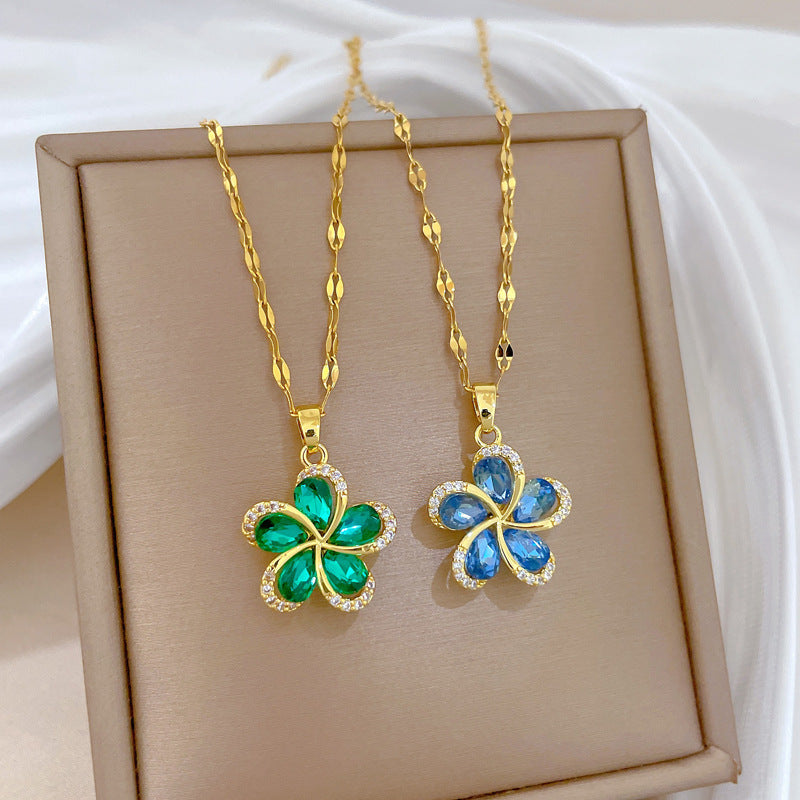 Rotating Flower Full Diamond Fashion Gorgeous Full Diamond Necklace Female Versatile Clavicle Chain Titanium Steel