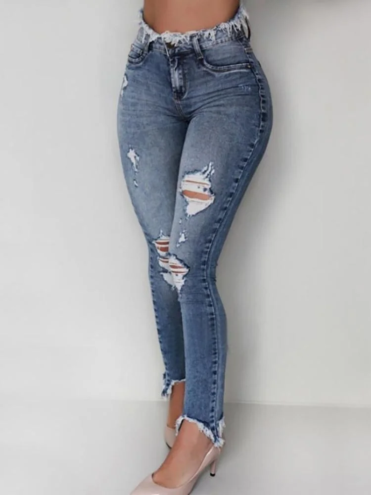 Distressed Cutout Fringe Hem Casual Jeans