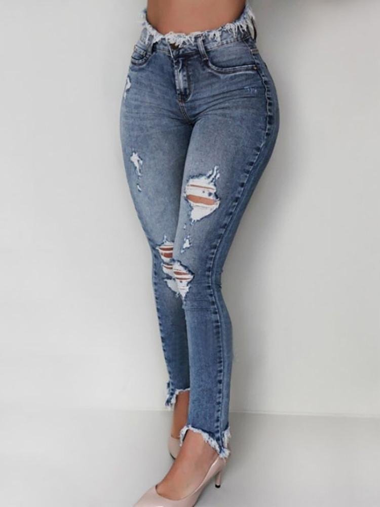 Distressed Cutout Fringe Hem Casual Jeans