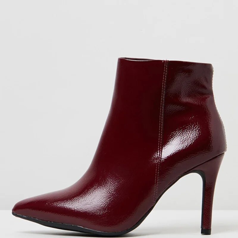 TAAFO Burgundy Female Heeled Shoes Short Booties Stilettos Ankle Boots Woman High Thin Heels Zipper