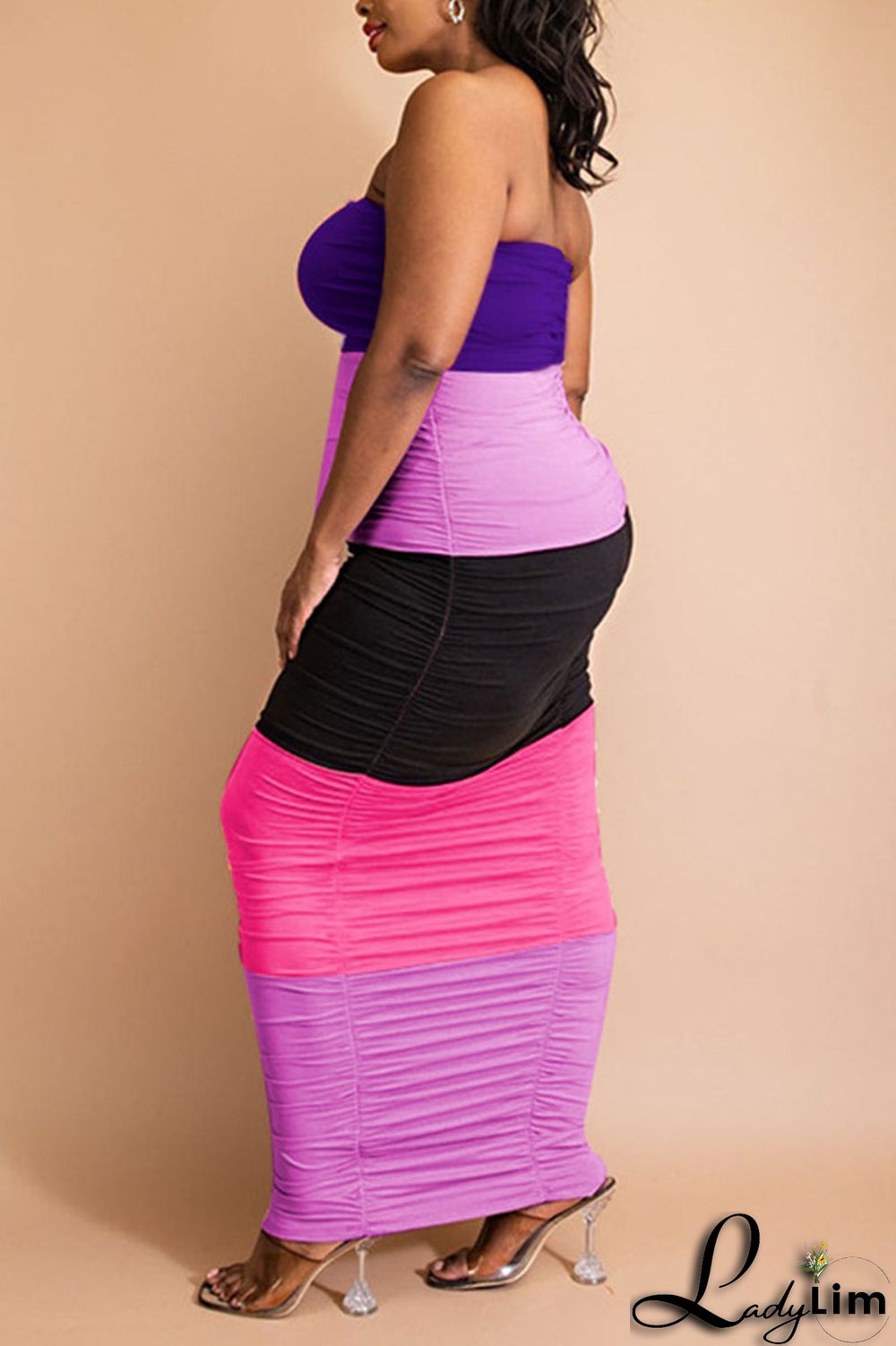 Purple Sexy Solid Patchwork Strapless One Step Skirt Plus Size Dresses