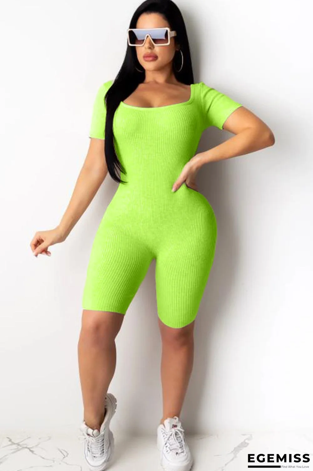 Fluorescent green Sexy Fashion Hollow Solid Backless bandage Short Sleeve Turndown Collar Rompers | EGEMISS
