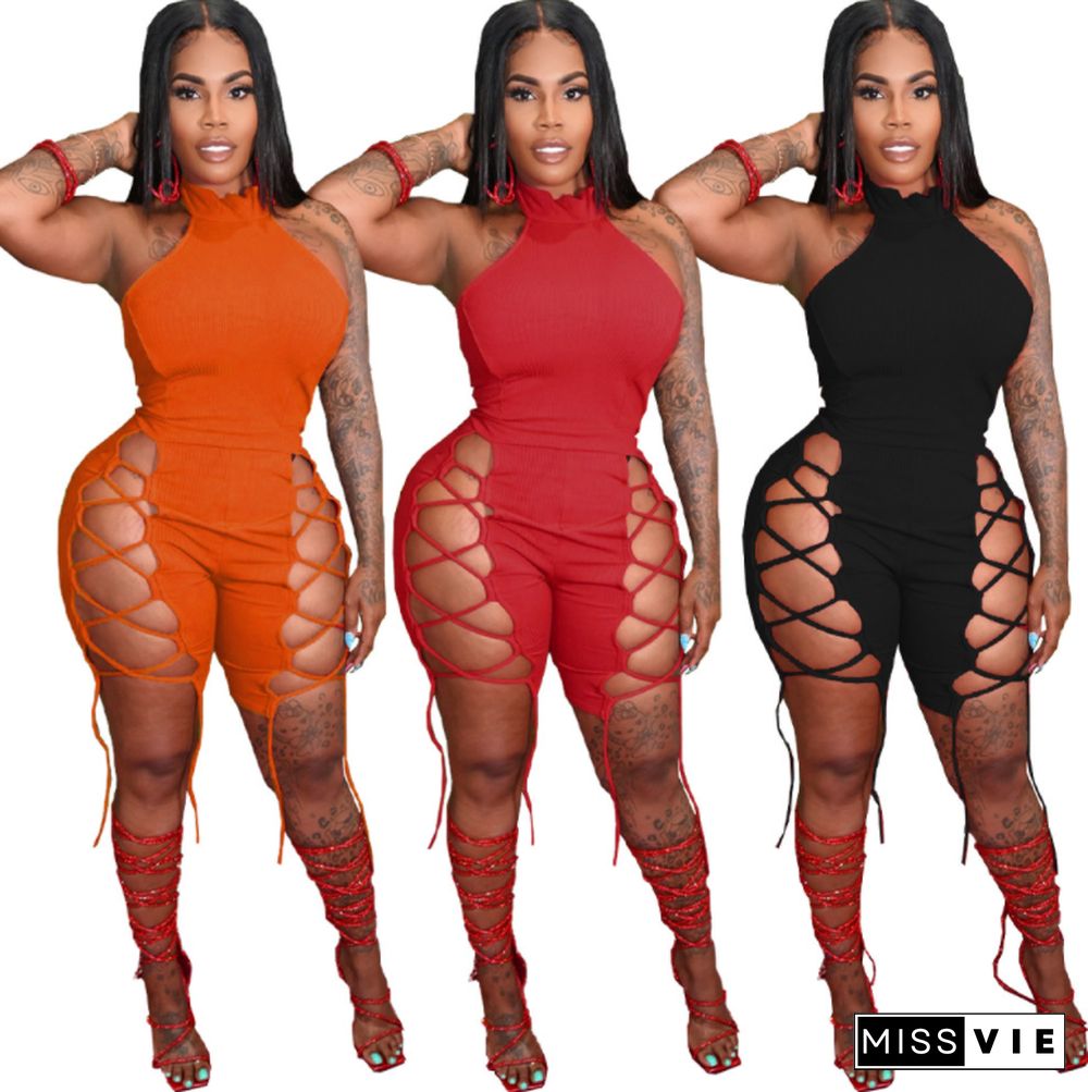 Hot Style Summer Women Solid Color Sleeveless Halter Hollow Out O-Neck Night Club Party Bandage Rompers