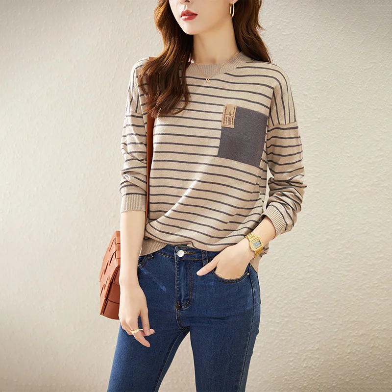 Woherb Woherb Round Collar Stripe Cashmere Knit Sweater Female Qiu Dong New Style Korean Version Temperament Loose Joker Bottom Unlined Upper Garment-Outfit Ideas