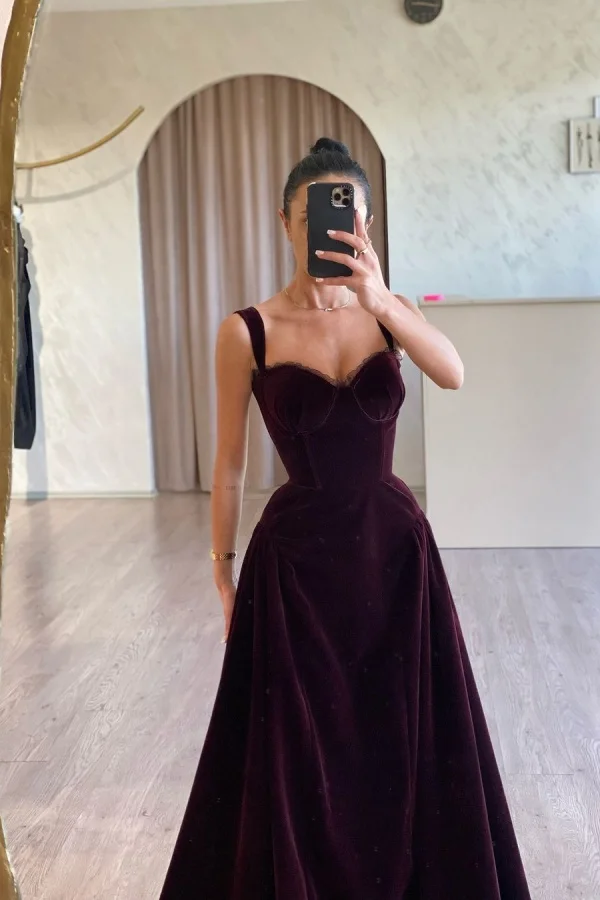 Miabel Cabemet Sweetheart Velvet Prom Dress 