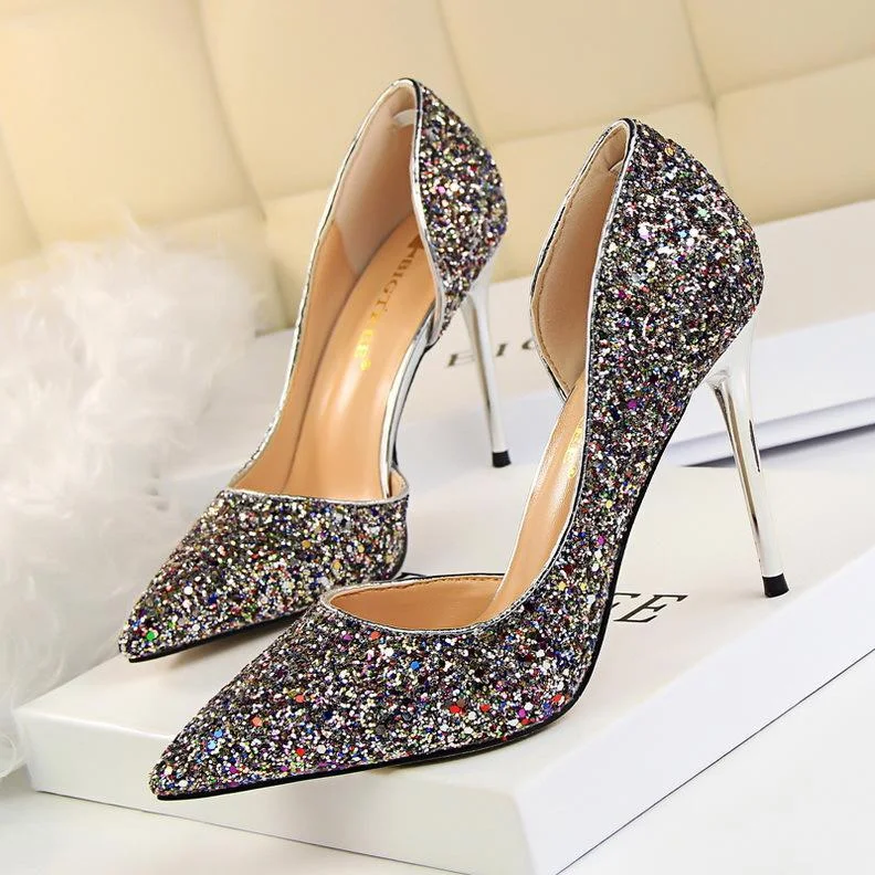 Sexy stiletto high-heeled shallow pointy side hollow sequin single shoes