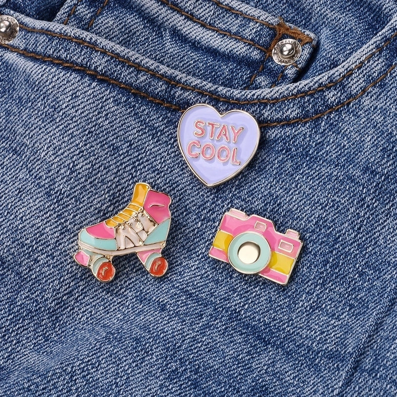 Cute Romantic Sweet Skates Camera Heart Shape Alloy Enamel Kid’S Adults Brooches