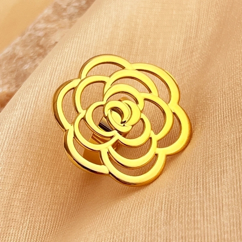 Casual Retro Minimalist Flower 201 Stainless Steel 18K Gold Plated Hollow Out Adjustable Ring