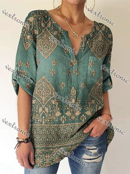 Women Long Sleeve V-neck Graphic Floral Printed Top